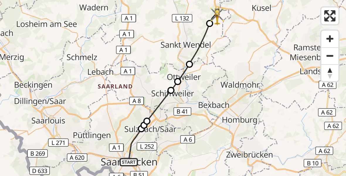 Flugroute Rettungshubschrauber Saarbrücken - Freisen, 29 August 2026, 14:09