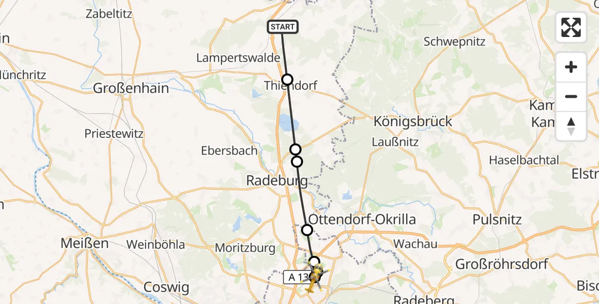 Flugroute Rettungshubschrauber Schönfeld - Dresden Bundespolizei Hubschrauberlandeplatz, 29 August 2026, 14:14