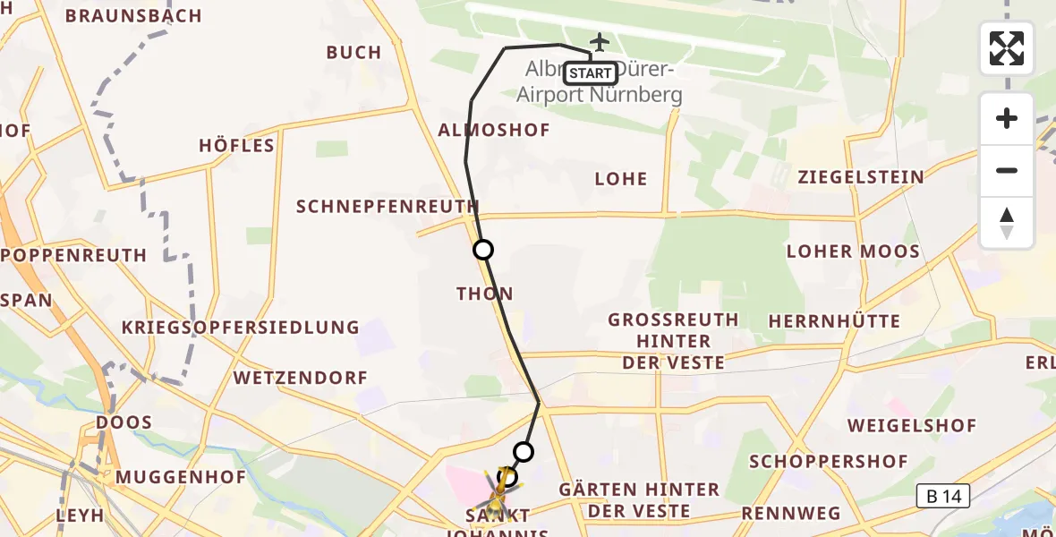Flugroute Rettungshubschrauber Flughafen Nuremberg - Nürnberg North Hospital, 29 August 2026, 14:22