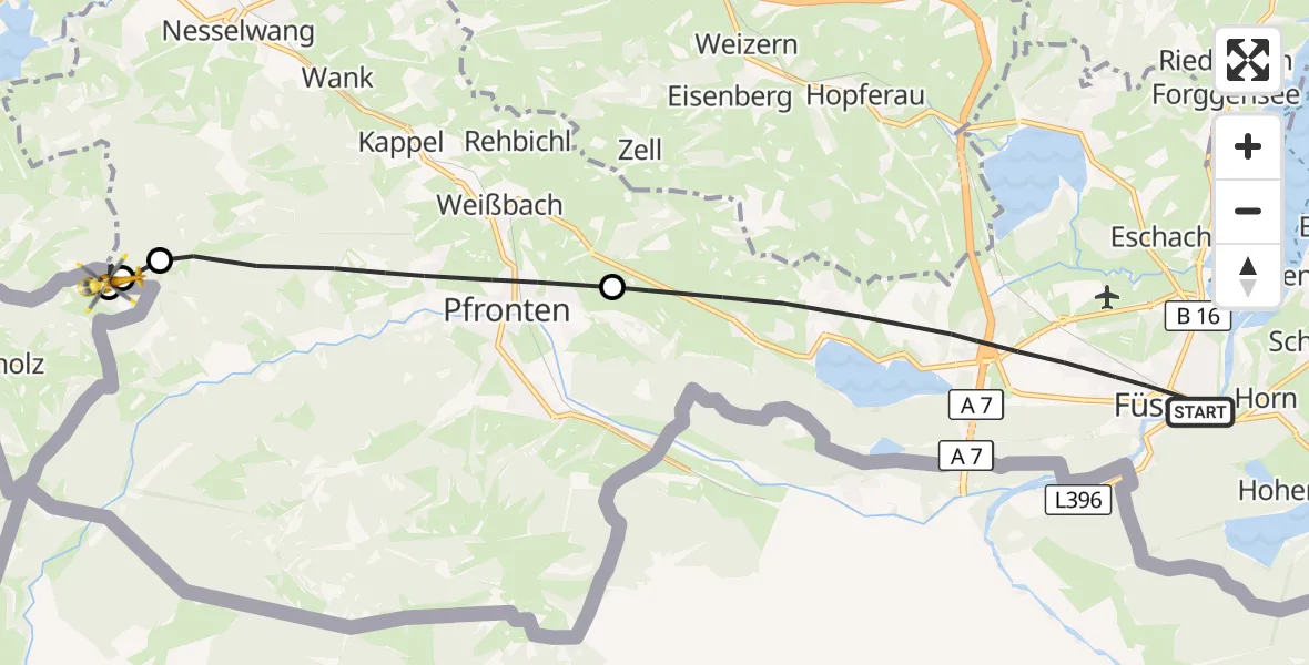Flugroute Rettungshubschrauber Füssen - Nesselwang, 29 August 2026, 14:30