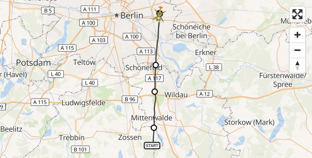 Flugroute Rettungshubschrauber Zossen - Berlin Emergency Hospital, 29 August 2026, 14:35
