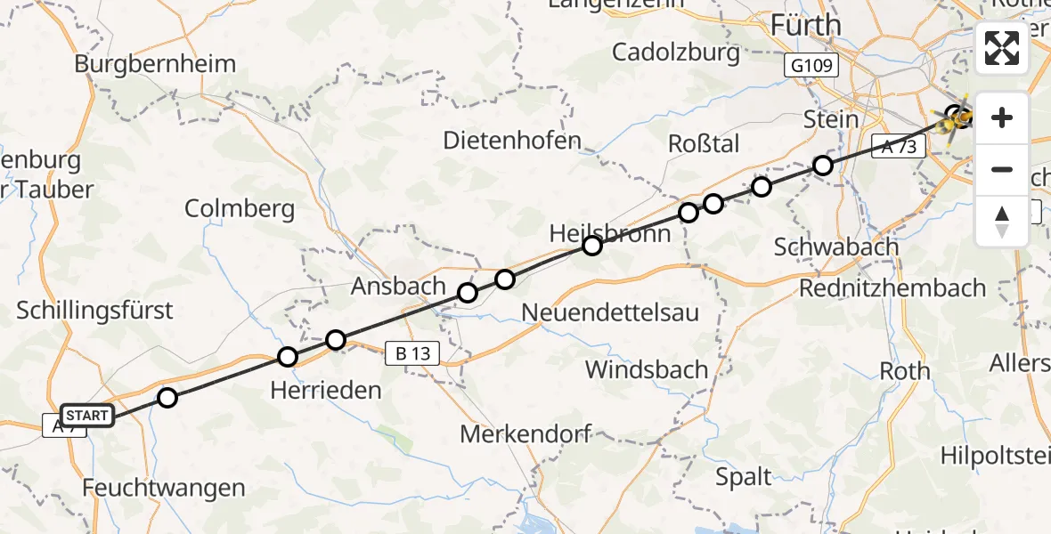 Flugroute Ambulanzhubschrauber Feuchtwangen - Nürnberg South Hospital, 29 August 2026, 14:42