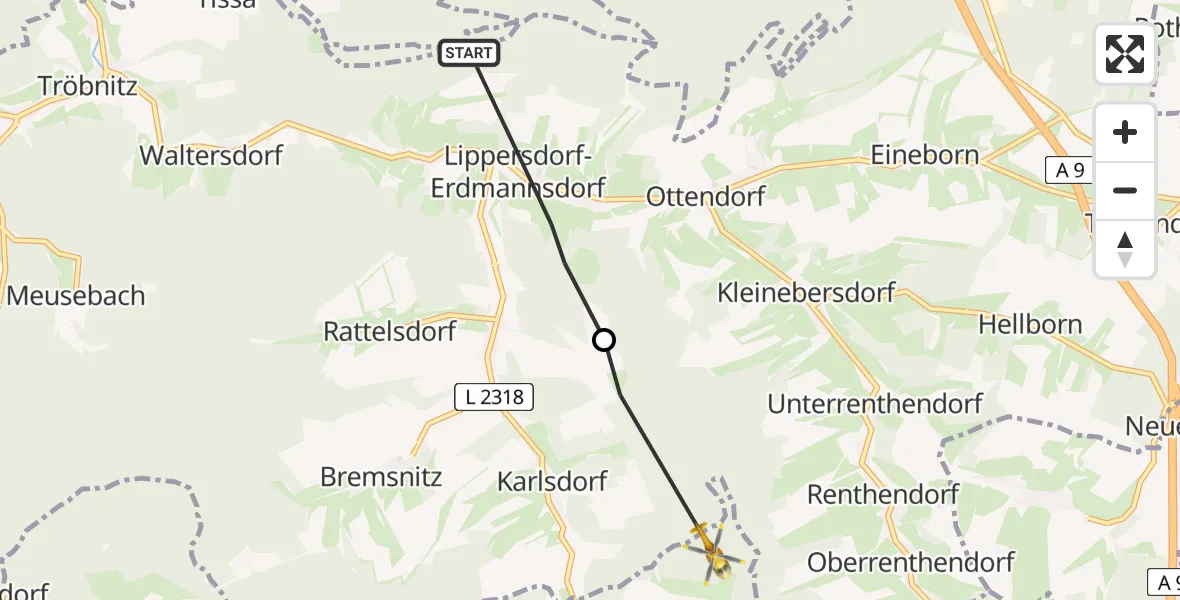 Flugroute Rettungshubschrauber Lippersdorf-Erdmannsdorf - Triptis, 29 August 2026, 14:46