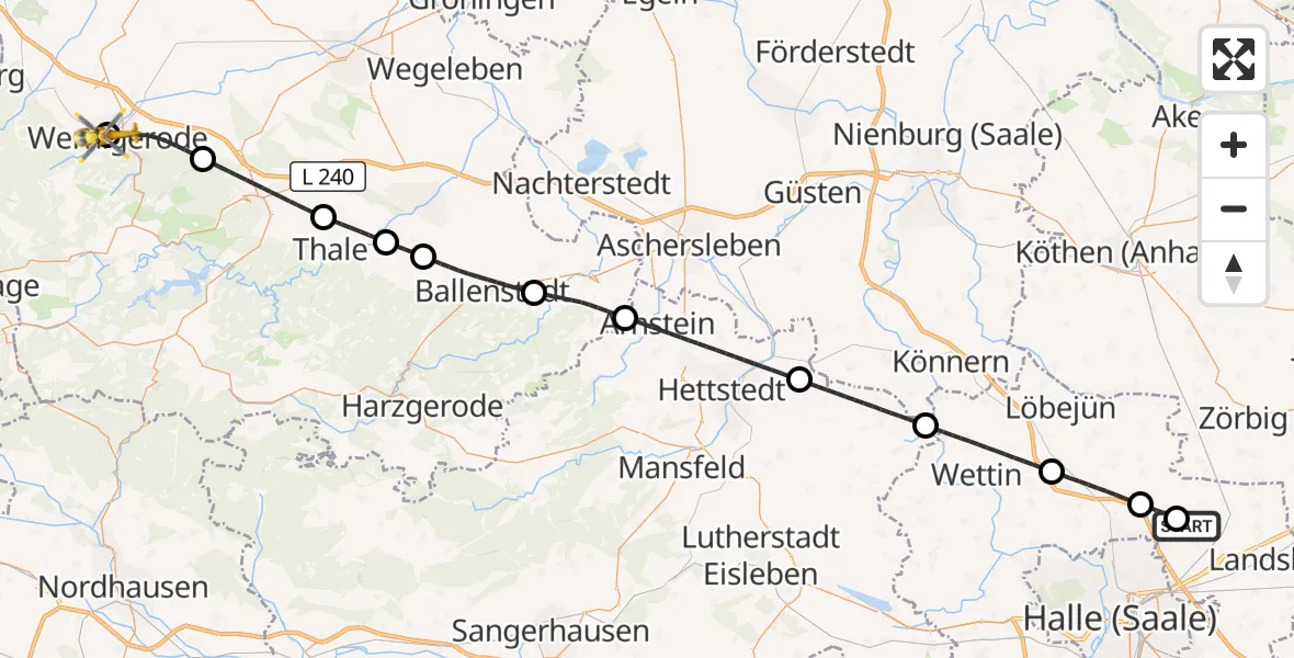 Flugroute Rettungshubschrauber Halle-Oppin Flugplatz - Harz Hospital Wernigerode, 29 August 2026, 14:51
