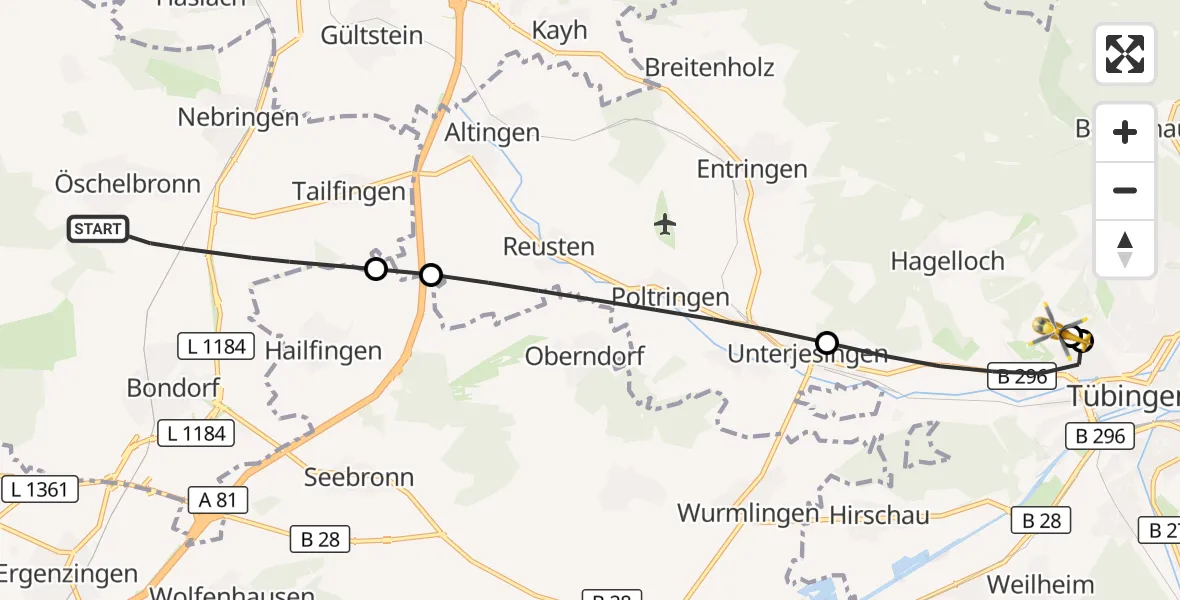 Flugroute Rettungshubschrauber Gäufelden - Tübingen University Hospital, 29 August 2026, 14:54