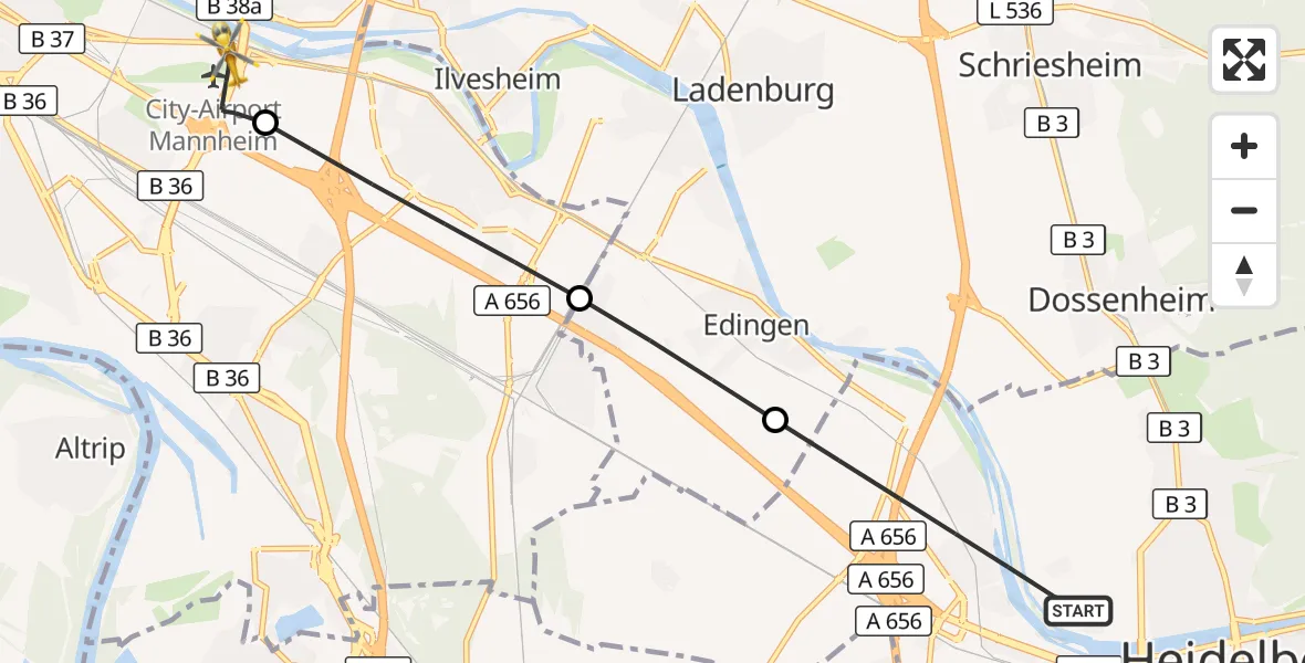 Flugroute Rettungshubschrauber Heidelberg - Mannheim-City Flughafen, 29 August 2026, 14:58
