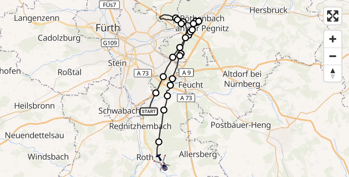 Flugroute Polizeihubschrauber Wendelstein - Roth, 29 August 2026, 15:01