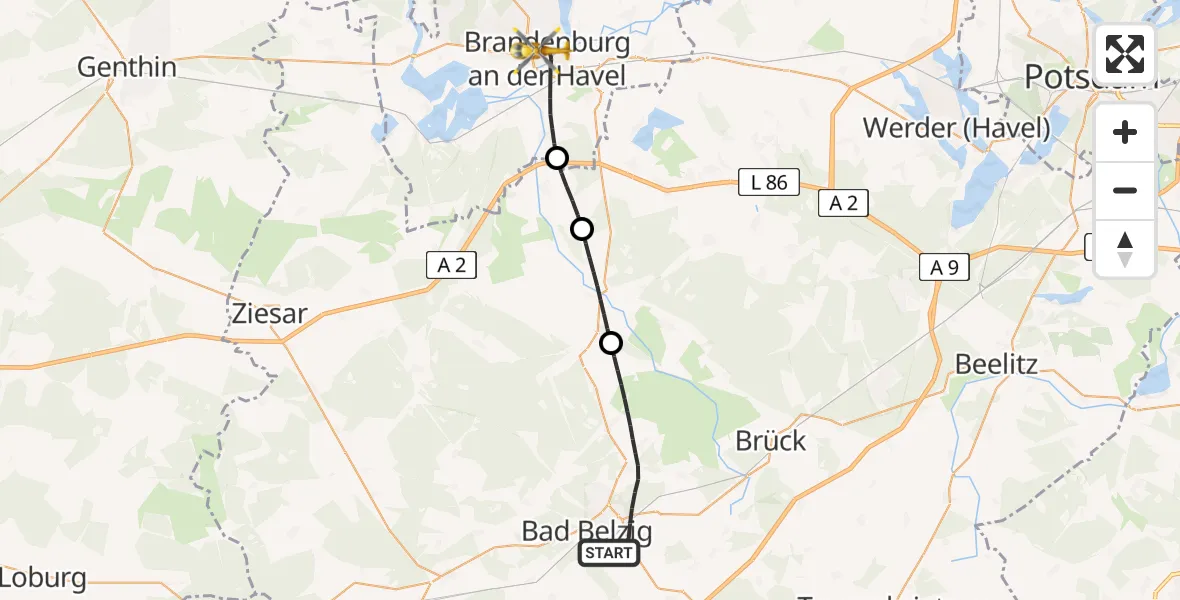 Flugroute Rettungshubschrauber Bad Belzig - Brandenburg an der Havel, 29 August 2026, 15:03