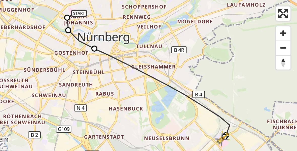 Flugroute Rettungshubschrauber Nürnberg North Hospital - Nürnberg South Hospital, 29 August 2026, 15:11