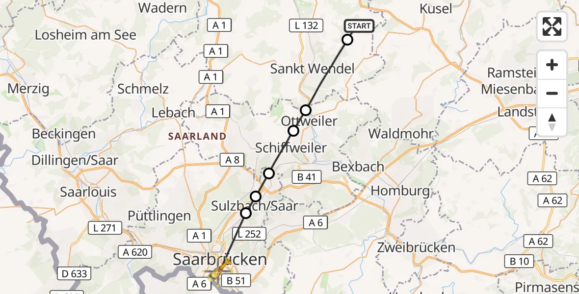 Flugroute Rettungshubschrauber Freisen - Saarbrücken, 29 August 2026, 15:14