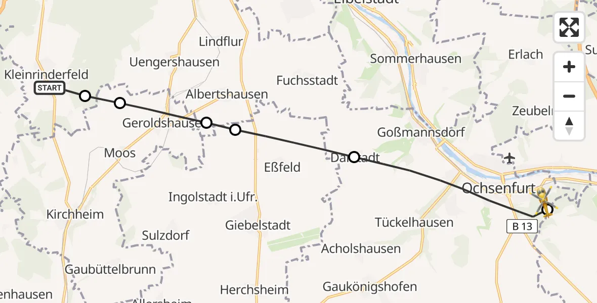 Flugroute Rettungshubschrauber Kleinrinderfeld - Ochsenfurt Hospital, 29 August 2026, 15:23