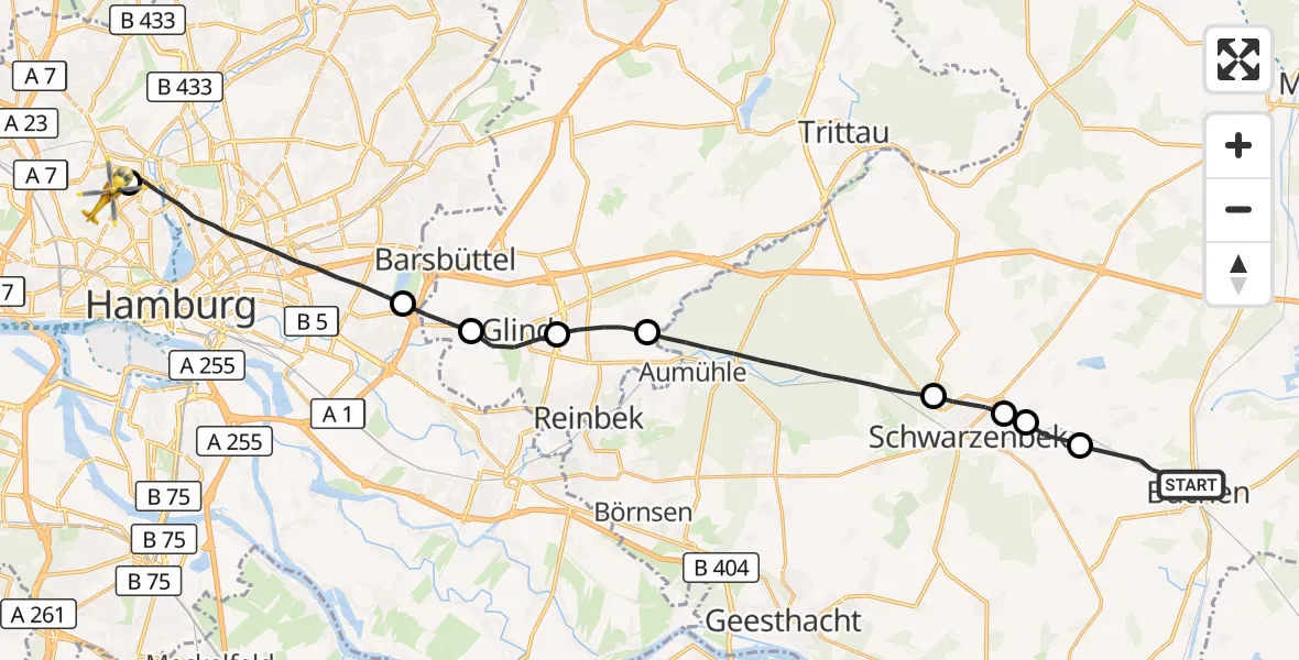 Flugroute Rettungshubschrauber Büchen - Hamburg, 29 August 2026, 15:24