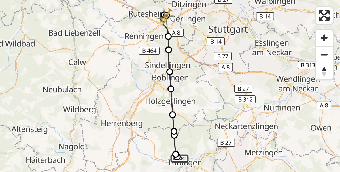 Flugroute Rettungshubschrauber Tübingen University Hospital - Leonberg Hospital, 29 August 2026, 15:36