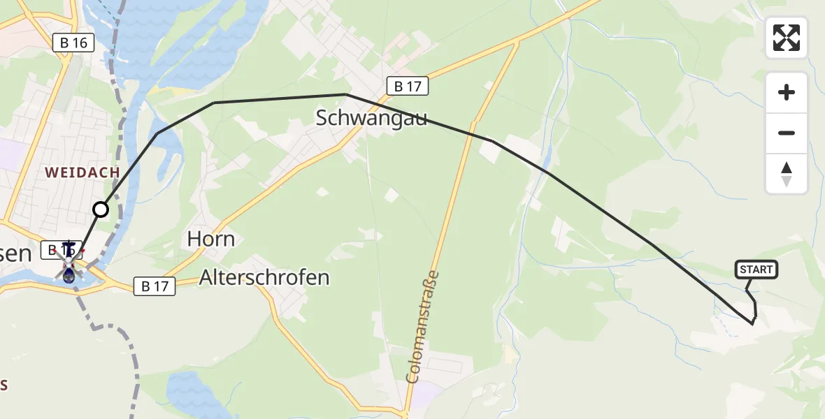 Flugroute Polizeihubschrauber Schwangau - Füssen, 29 August 2026, 15:40