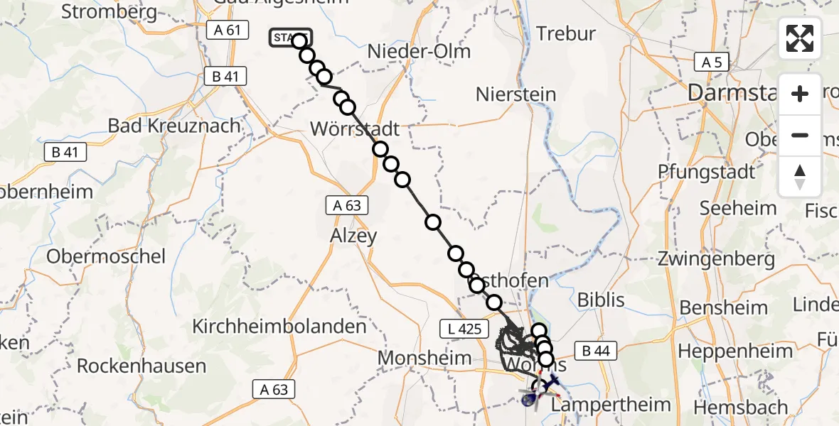 Flugroute Polizeihubschrauber Appenheim - Worms Flugplatz, 29 August 2026, 15:42