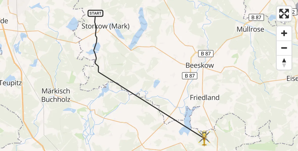 Flugroute Rettungshubschrauber Storkow (Mark) - Lieberose, 29 August 2026, 15:44