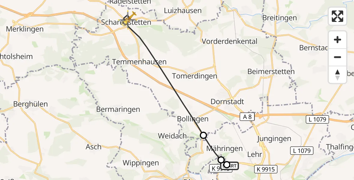 Flugroute Rettungshubschrauber Ulm Military Hospital Emergency - Dornstadt, 29 August 2026, 15:56