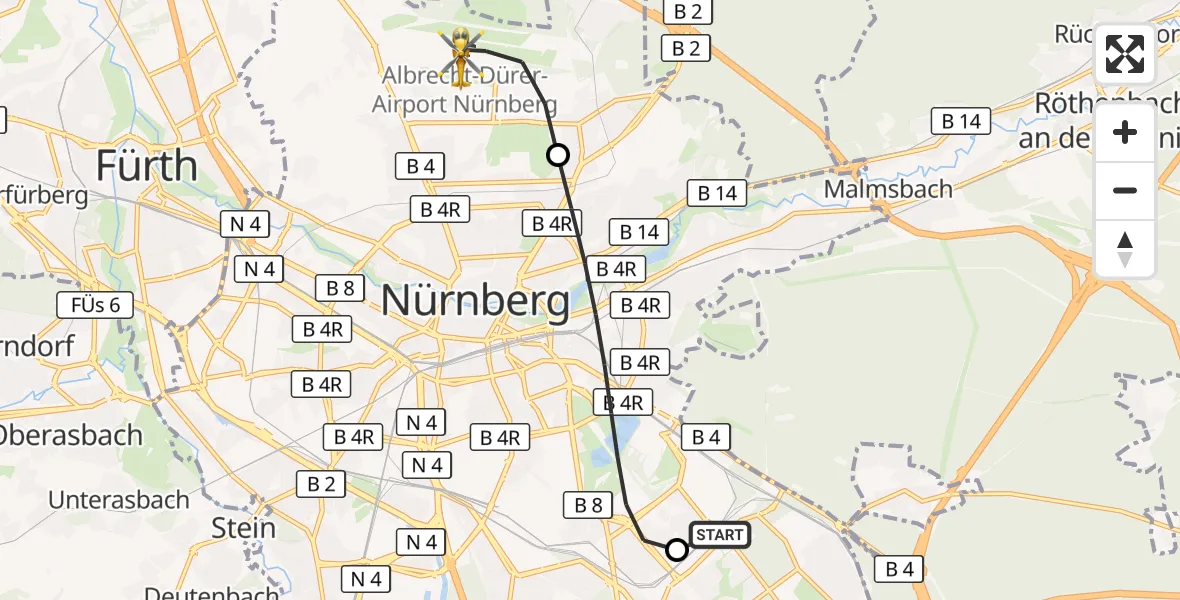 Flugroute Rettungshubschrauber Nürnberg South Hospital - Flughafen Nuremberg, 29 August 2026, 15:58
