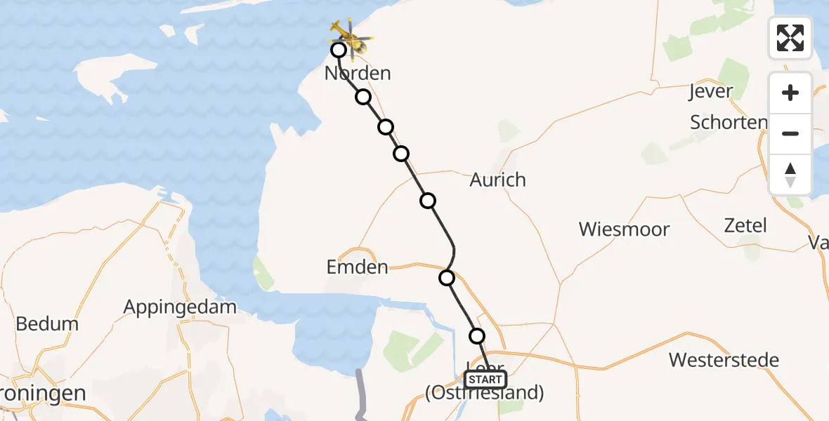 Flugroute Ambulanzhubschrauber Leer (Ostfriesland) - Norden-Norddeich Flughafen, 29 August 2026, 16:07