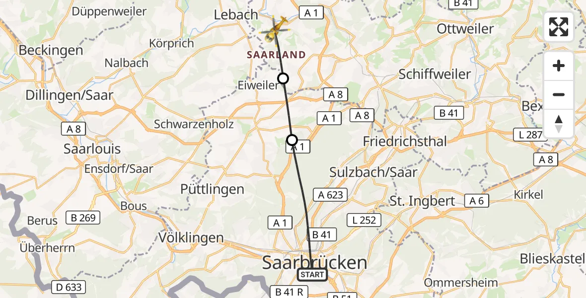 Flugroute Rettungshubschrauber Saarbrücken - Eppelborn, 29 August 2026, 16:11