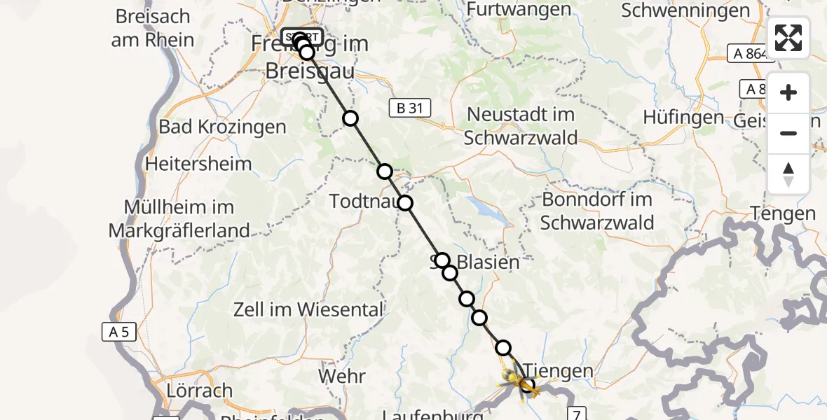 Flugroute Ambulanzhubschrauber Freiburg im Breisgau Flugplatz - Waldshut-Tiengen, 29 August 2026, 16:17