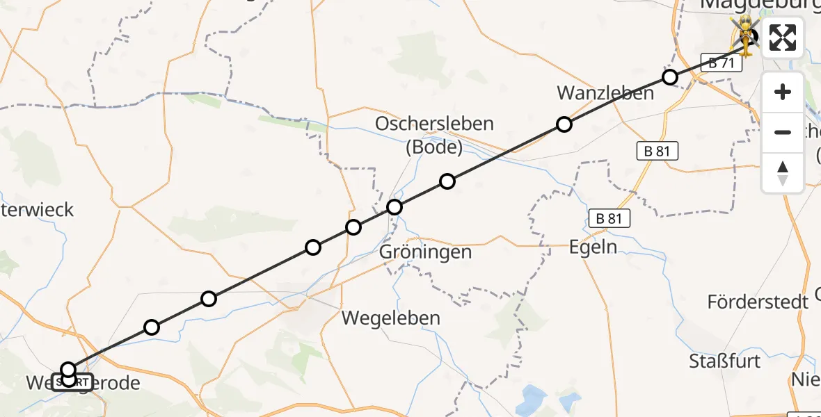 Flugroute Rettungshubschrauber Harz Hospital Wernigerode - Magdeburg University Hospital, 29 August 2026, 16:22