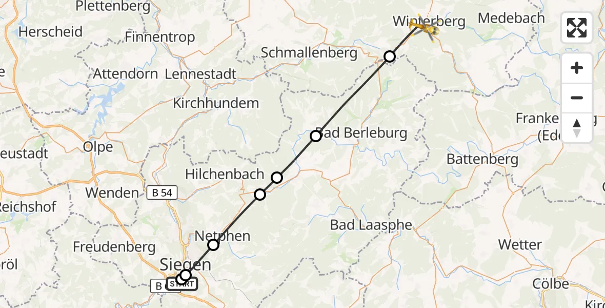 Flugroute Rettungshubschrauber Evangelisches Jung-Stilling Hospital - Winterberg, 29 August 2026, 16:28