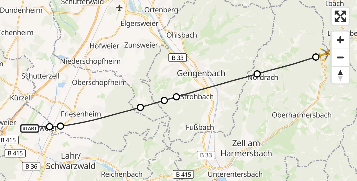 Flugroute Rettungshubschrauber Lahr Flughafen - Oberharmersbach, 29 August 2026, 16:31