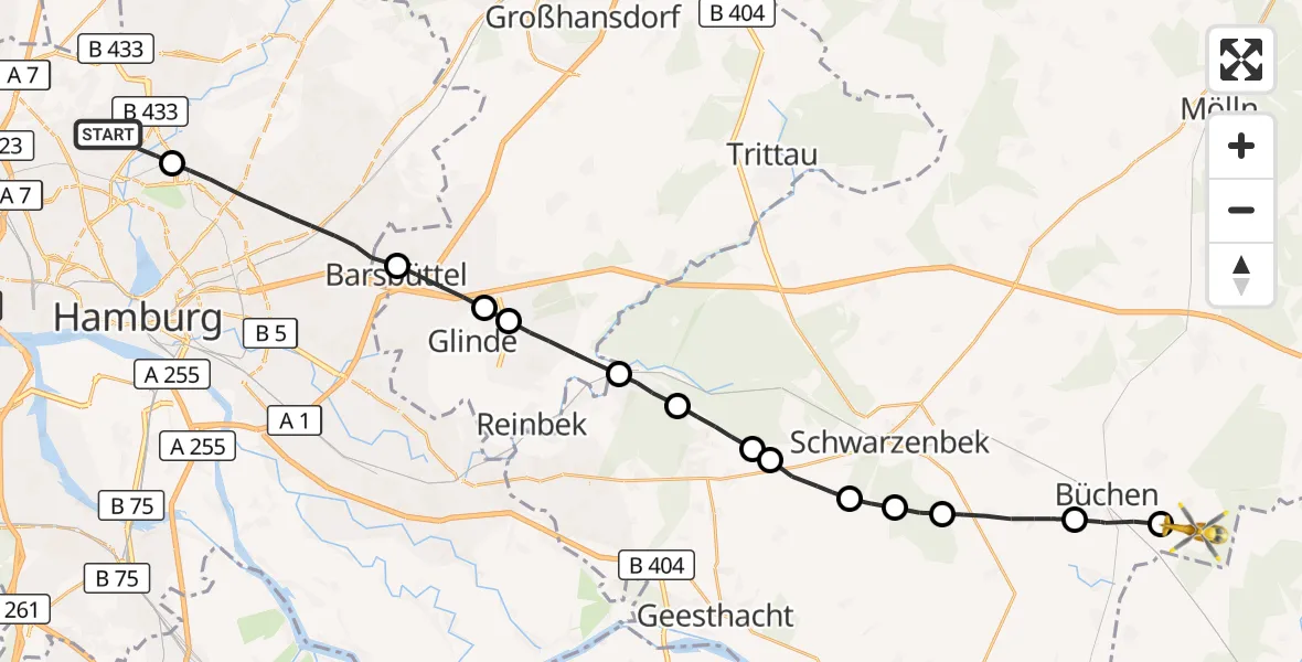 Flugroute Rettungshubschrauber Hamburg Helmut Schmidt Flughafen - Bröthen, 29 August 2026, 16:31