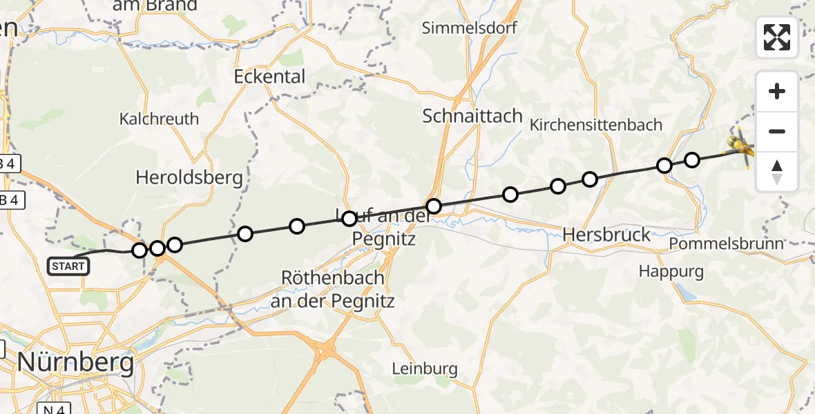 Flugroute Ambulanzhubschrauber Flughafen Nuremberg - Pommelsbrunn, 29 August 2026, 16:33