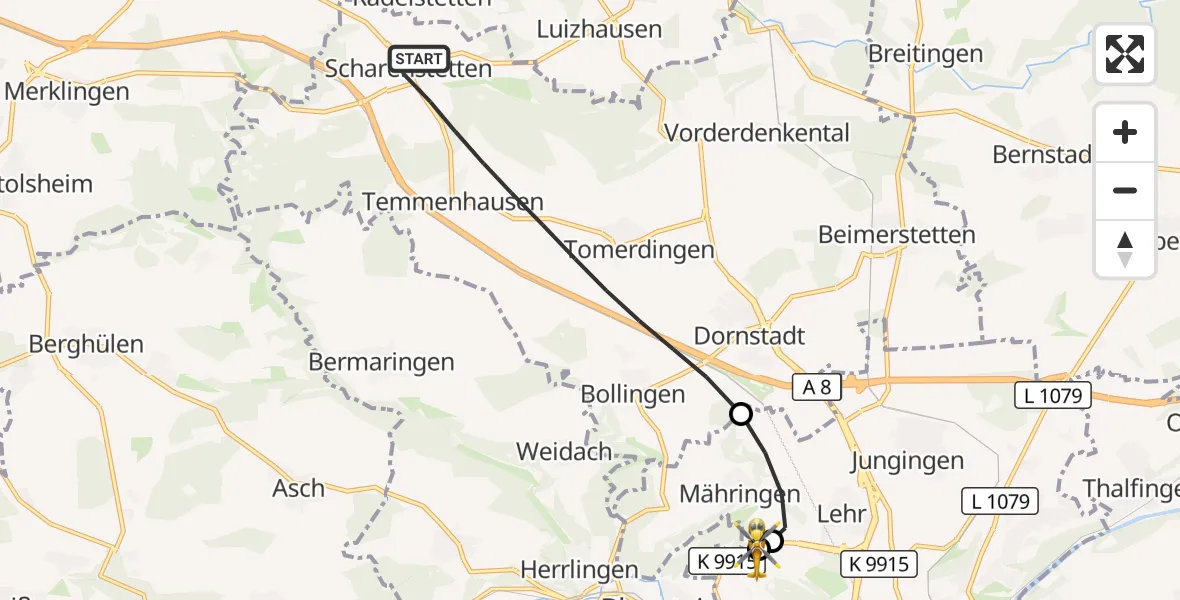 Flugroute Rettungshubschrauber Dornstadt - ADAC Air Rescue Station Ulm (Christoph 22), 29 August 2026, 16:34