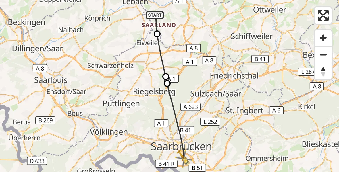 Flugroute Rettungshubschrauber Eppelborn - Saarbrücken, 29 August 2026, 16:36