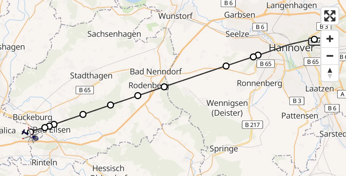 Flugroute Polizeihubschrauber Hannover Luftrettung Hubschrauberlandeplatz (Christoph 4) - Porta Westfalica, 29 August 2026, 16:40