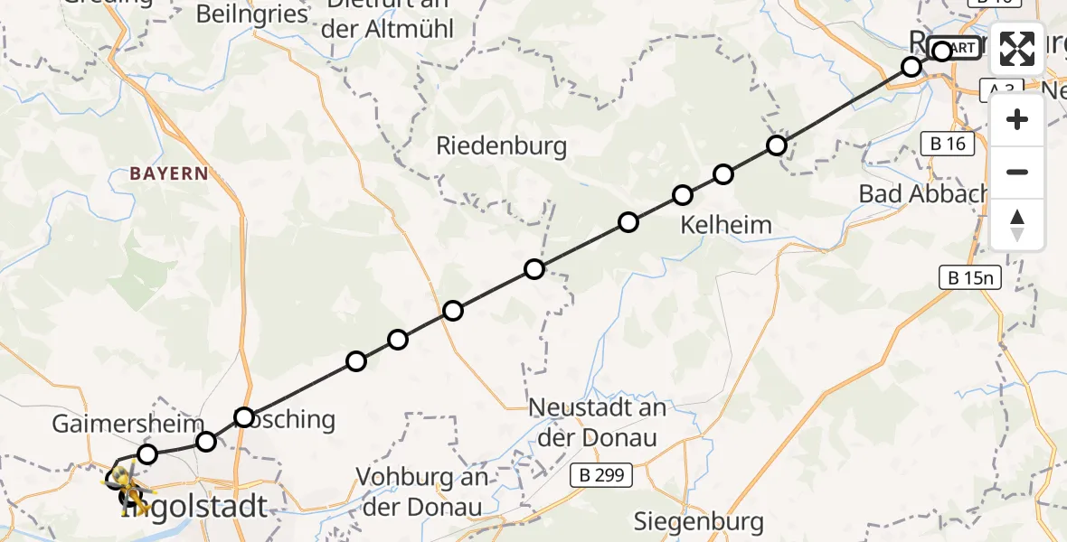 Flugroute Rettungshubschrauber Barmherzige Brüder (Brothers of Mercy) Hospital Regensburg - Ingolstadt Hospital, 29 August 2026, 16:40