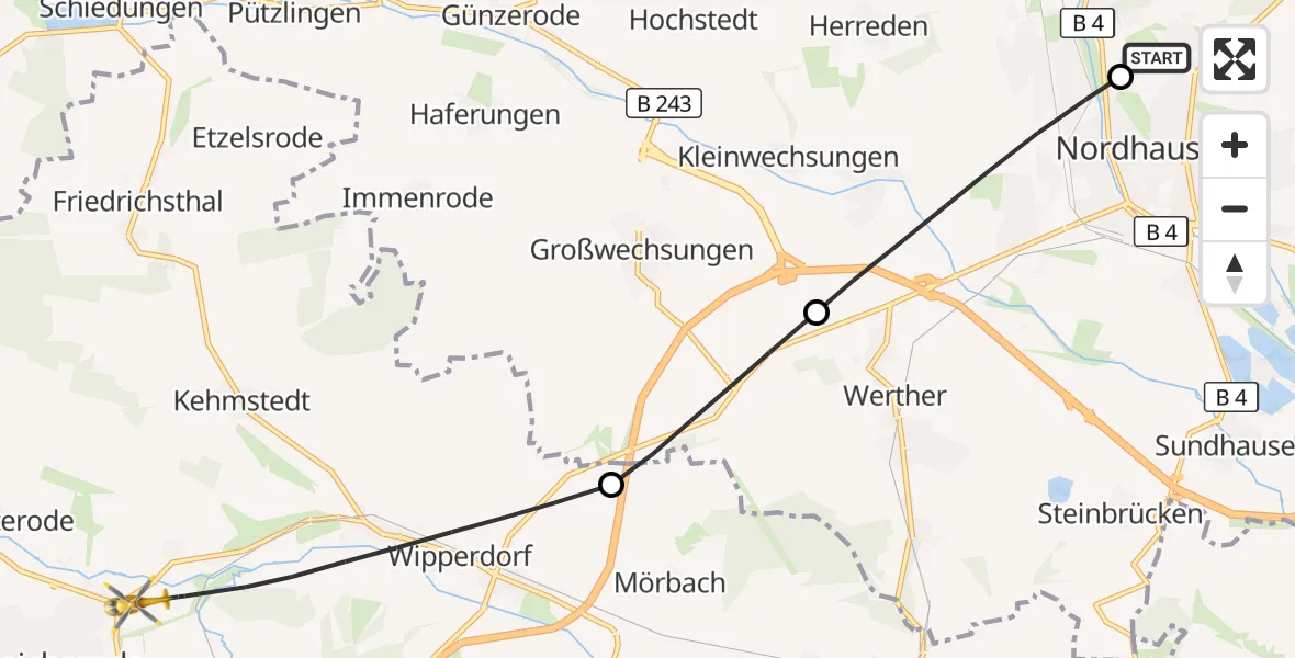 Flugroute Rettungshubschrauber Südharz Hospital Nordhausen - Bleicherode, 29 August 2026, 16:43