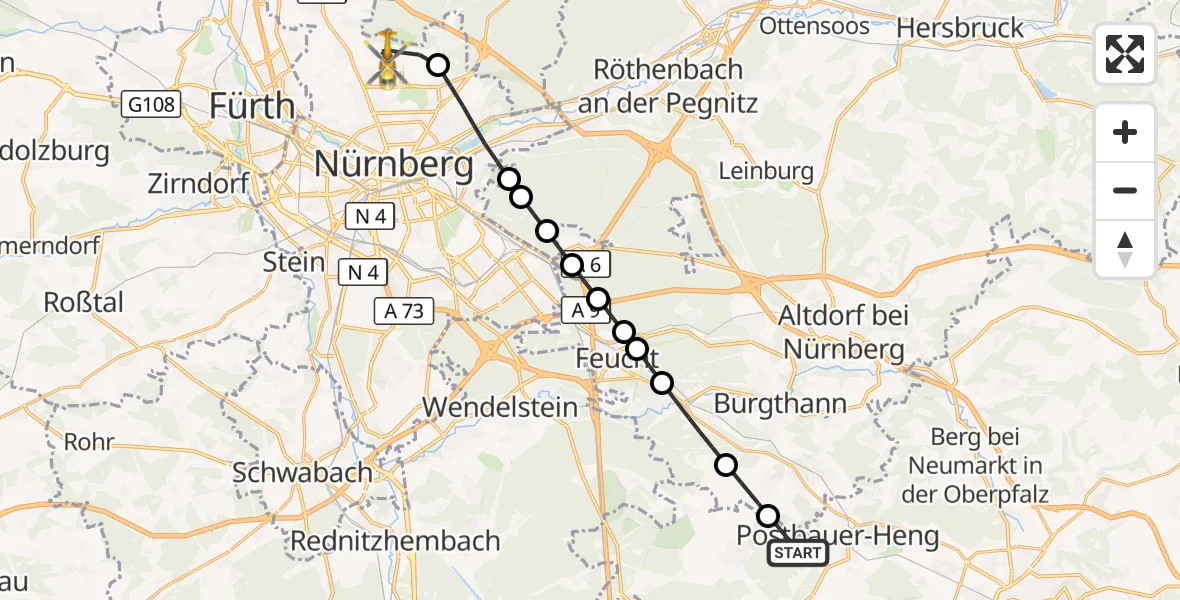 Flugroute Rettungshubschrauber Pyrbaum - Flughafen Nuremberg, 29 August 2026, 16:47