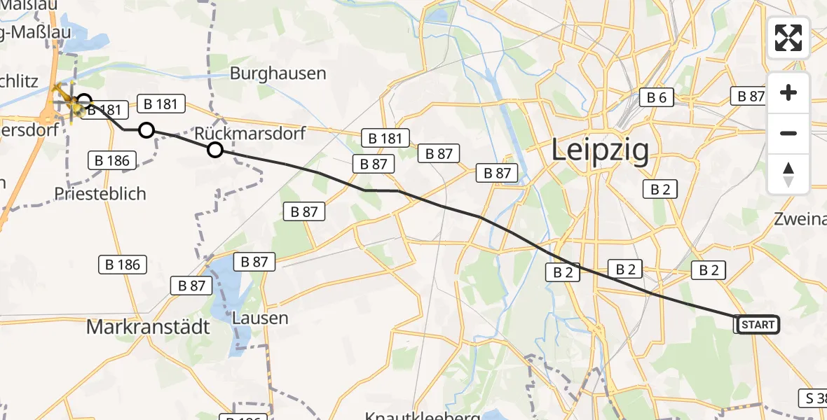 Flugroute Rettungshubschrauber Leipzig - ADAC Air Rescue Station Leipzig/Schkeuditz-Dölzig Hubschrauberlandeplatz (Christoph 61), 29 August 2026, 16:59
