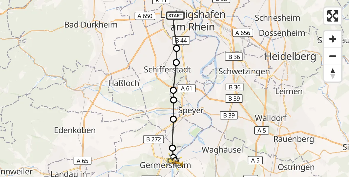 Flugroute Rettungshubschrauber Ludwigshafen am Rhein - Philippsburg, 29 August 2026, 17:03