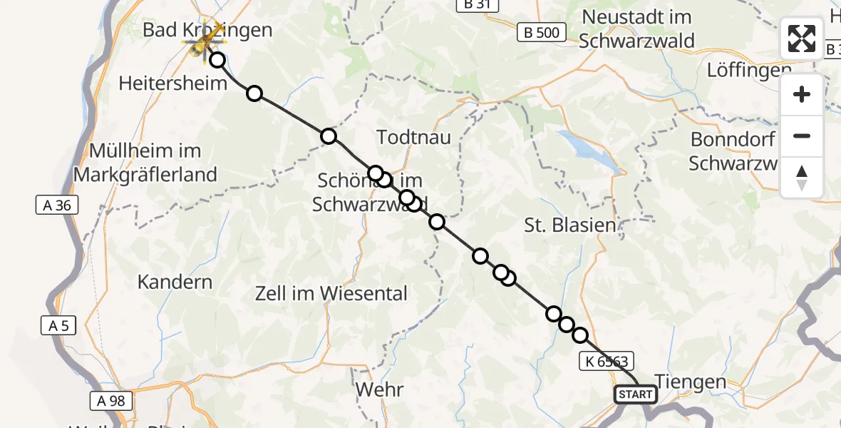 Flugroute Ambulanzhubschrauber Waldshut-Tiengen - Bad Krozingen, 29 August 2026, 17:03