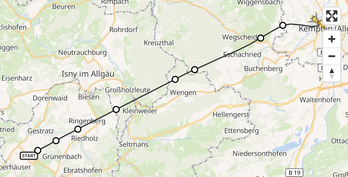 Flugroute Rettungshubschrauber Röthenbach (Allgäu) - Kempten (Allgäu), 29 August 2026, 17:04