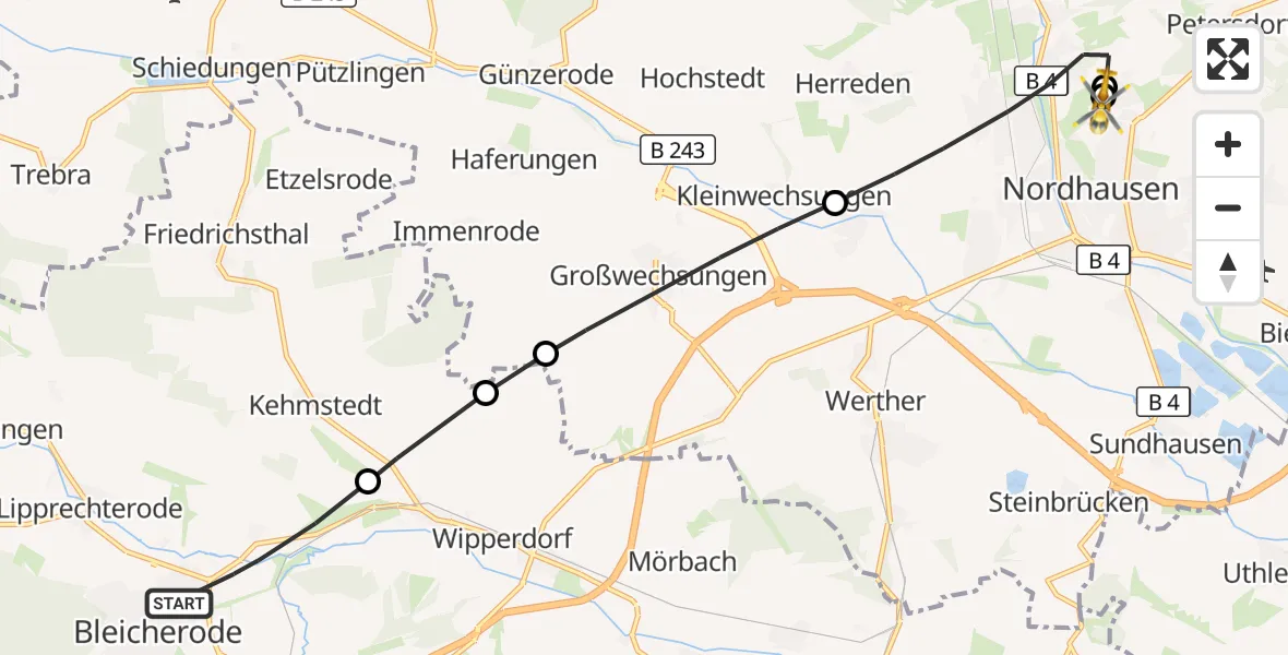 Flugroute Rettungshubschrauber Bleicherode - Südharz Hospital Nordhausen, 29 August 2026, 17:11