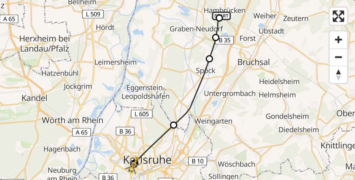 Flugroute Ambulanzhubschrauber Hambrücken - Sankt Vincentius Hospital, 29 August 2026, 17:13