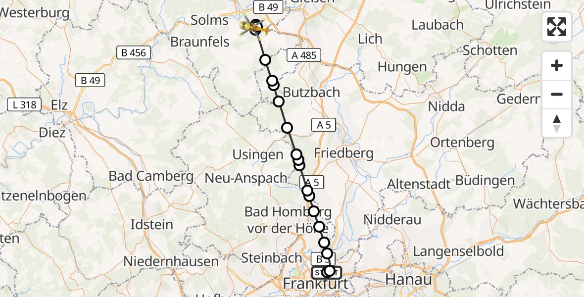 Flugroute Rettungshubschrauber Frankfurt am Main Accident Hospital Roof Helipad (CHX2) - Lahn-Dill Clinic Wetzlar Hubschrauberlandeplatz, 29 August 2026, 17:16