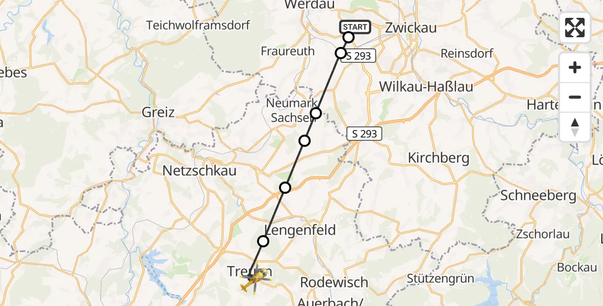 Flugroute Rettungshubschrauber ADAC Air Rescue Station Zwickau Hubschrauberlandeplatz - Treuen, 29 August 2026, 17:17
