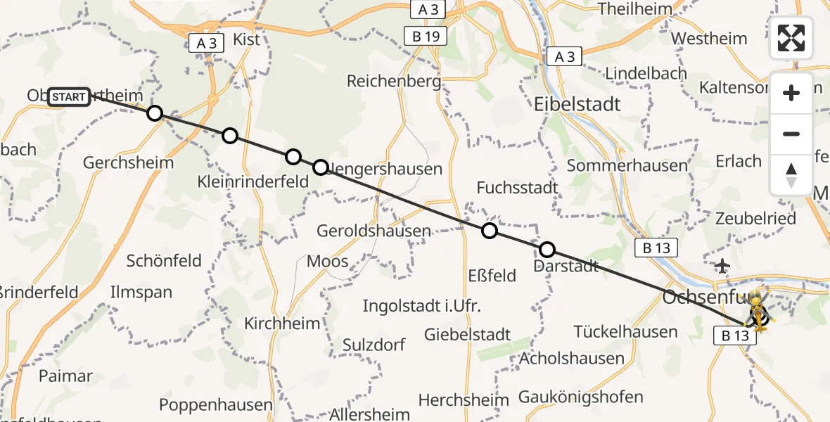 Flugroute Rettungshubschrauber Altertheim - Ochsenfurt Hospital, 29 August 2026, 17:18
