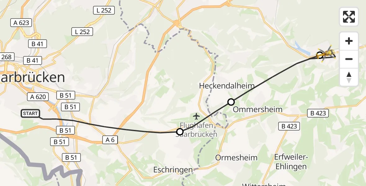 Flugroute Rettungshubschrauber Saarbrücken - Blieskastel, 29 August 2026, 17:23