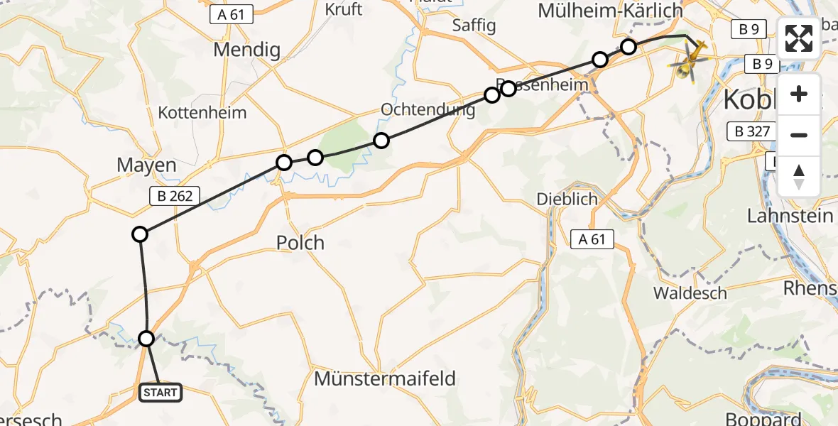 Flugroute Rettungshubschrauber Kaifenheim - Koblenz, 29 August 2026, 17:29