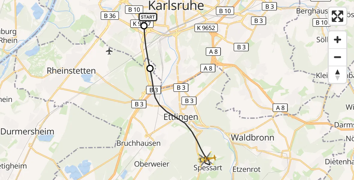 Flugroute Ambulanzhubschrauber Sankt Vincentius Hospital - Ettlingen, 29 August 2026, 17:31