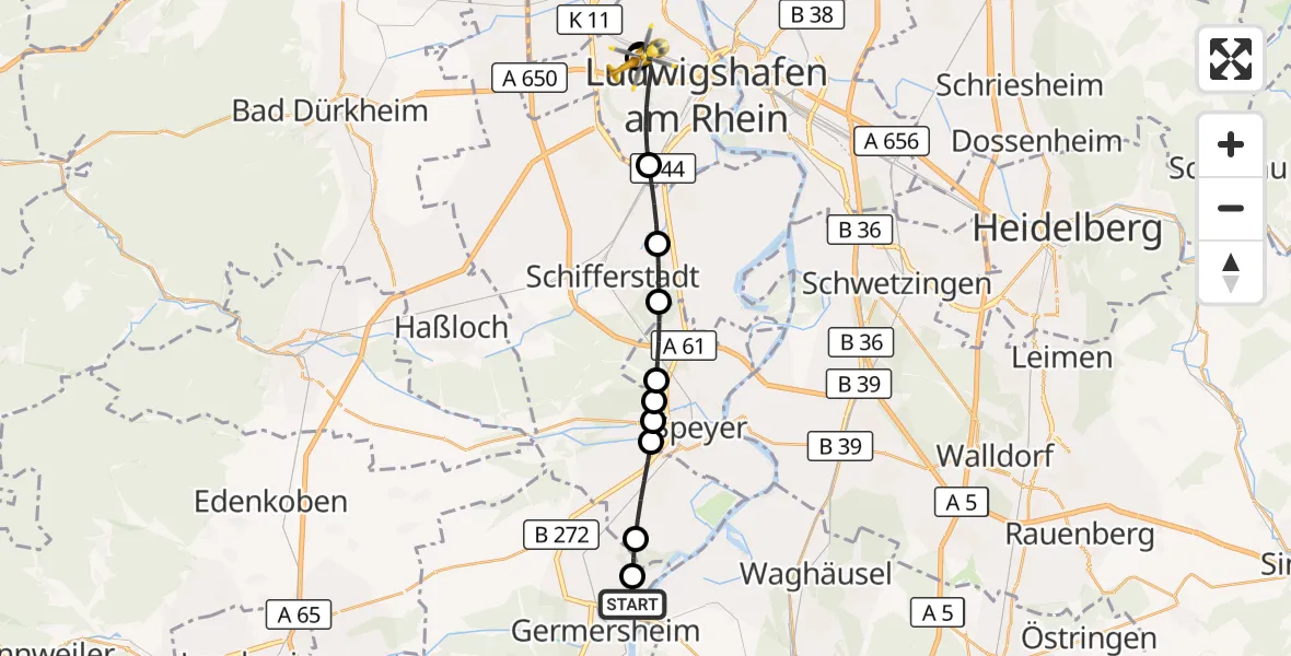 Flugroute Rettungshubschrauber Germersheim - Ludwigshafen Accident Hospital, 29 August 2026, 17:33