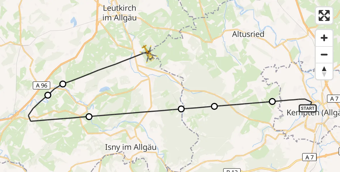 Flugroute Rettungshubschrauber Kempten (Allgäu) - Leutkirch im Allgäu, 29 August 2026, 17:39
